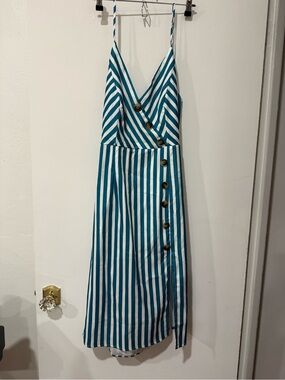 Striped Teal and White Midi Sundress with Button-Front